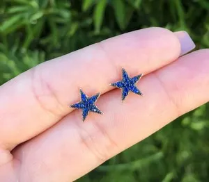 Authentic 0.50Ct Simulated Blue Sapphire Star Shaped Stud Earrings 14K White Gold Plated