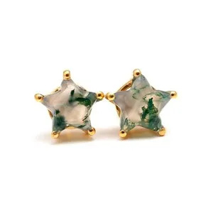 Authentic Natural Moss Agate Star Stud Earrings Gold Plated 925 Sterling Silver Jewelry