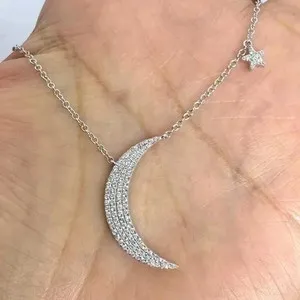 Authentic 1Ct Round Cut Lab-Created Moon Star Pendant 14K White Gold Plated 18"
