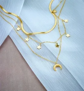 Authentic Gold Plated Star&Moon Pendant with Snake Chain Layered Choker Necklace