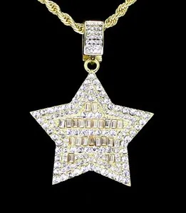 Authentic Iced CZ 5 Star Baguette Pendant 14k Gold Plated 24" Rope Necklace Hip Hop
