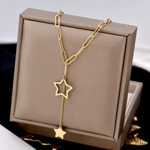 Authentic Woman 14K Gold Plated Real Star Pendant Tassel Rolo link Chain
