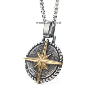 Authentic MENDEL Cool Mens Gold Plated Tone North Star Pendant Necklace For Men Set Chain