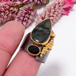 Authentic Celestial Galaxy Jasper Ring - Black Onyx Gold Plated Sterling Silver 925