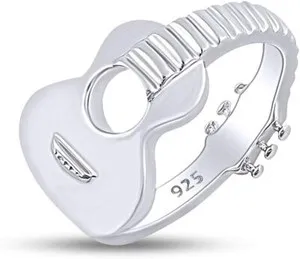 Authentic Music Acoustic Guitar Ring In 14k White Gold Plated Sterling Silver