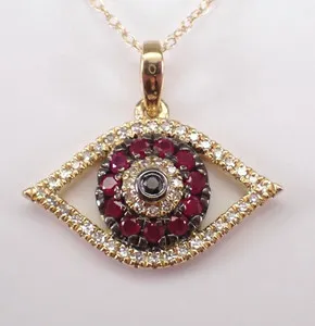Authentic 14K Yellow Gold Plated Evil Eye Pendant Lab-Created Round Cut Red Ruby Chain 18"