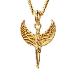 Authentic Mens Womens Gold Plated Egyptian Goddess Isis 20" Cuban Link Chain Necklace 112G