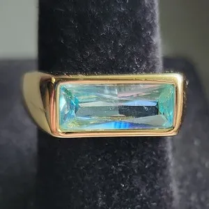 Authentic Ring Bomb Party Deco Goddess Gold Plated Baguette Aqua CZ Size 6 RG41946