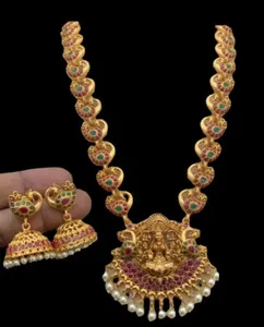 Authentic Lakshmi's Blessing: Empowering Long Haram Kemp Necklace for the Devoted Heart