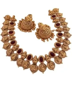 Authentic Gold Plated Laxmi Goddess South Indian Style Kundan Temple Jewelry Choker Jhumka