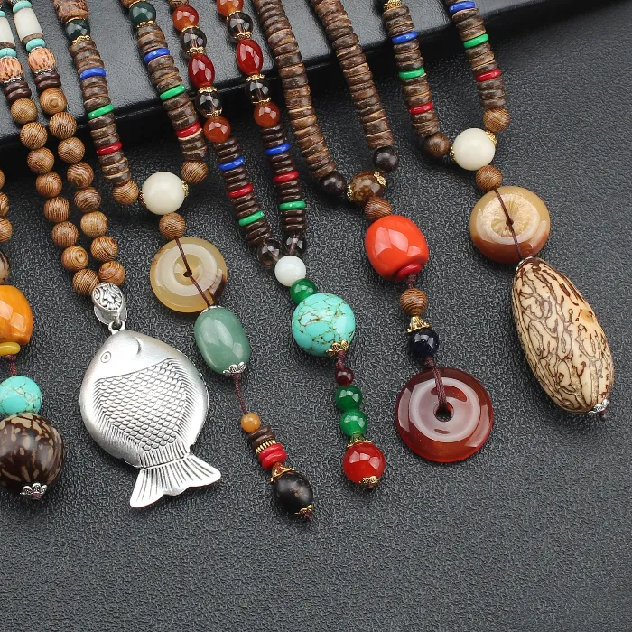 Authentic Wooden Beads Bodhi Safety Buckle Sweater Chain Pendants Ethnic Style Men Women Buddhist Beads Long Necklaces Jewelry