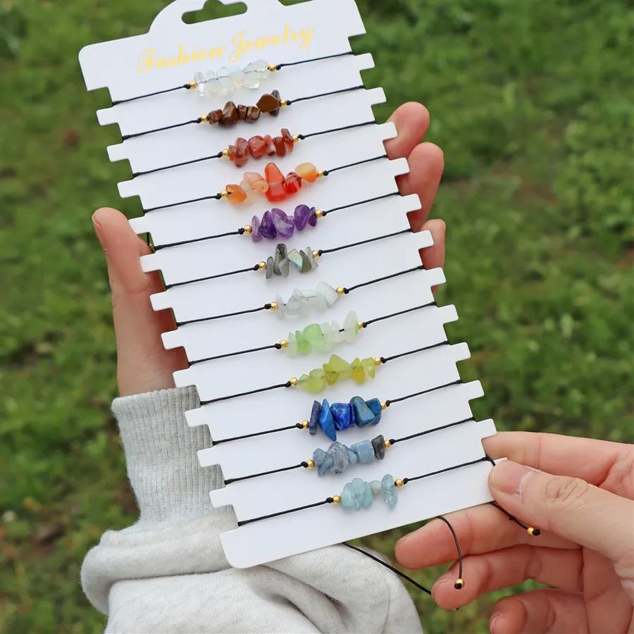 Authentic 12pcs/set Natural Stone Charm Braided Bracelet Set Irregular Gravel Chip Beads Bracelets Bangles for Women Men Boho Jewelry