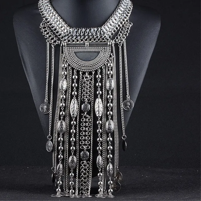 Authentic Maxi Long Tassel Statement Necklace Women Boho Indian Ethnic Vintage Coin Big Chunky Collar Necklaces Ladies Jewellery