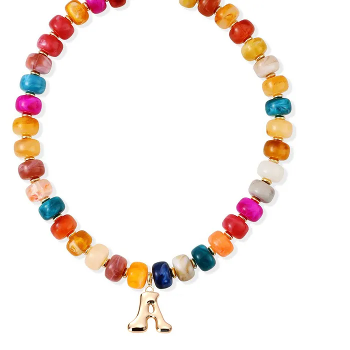 Authentic 1pc Dopamine Colorful Acrylic Resin Heart & 26 English Letter Beaded Necklace, Bohemian Style Beach Holiday Necklace For Women, Choice (Bead Color Random)