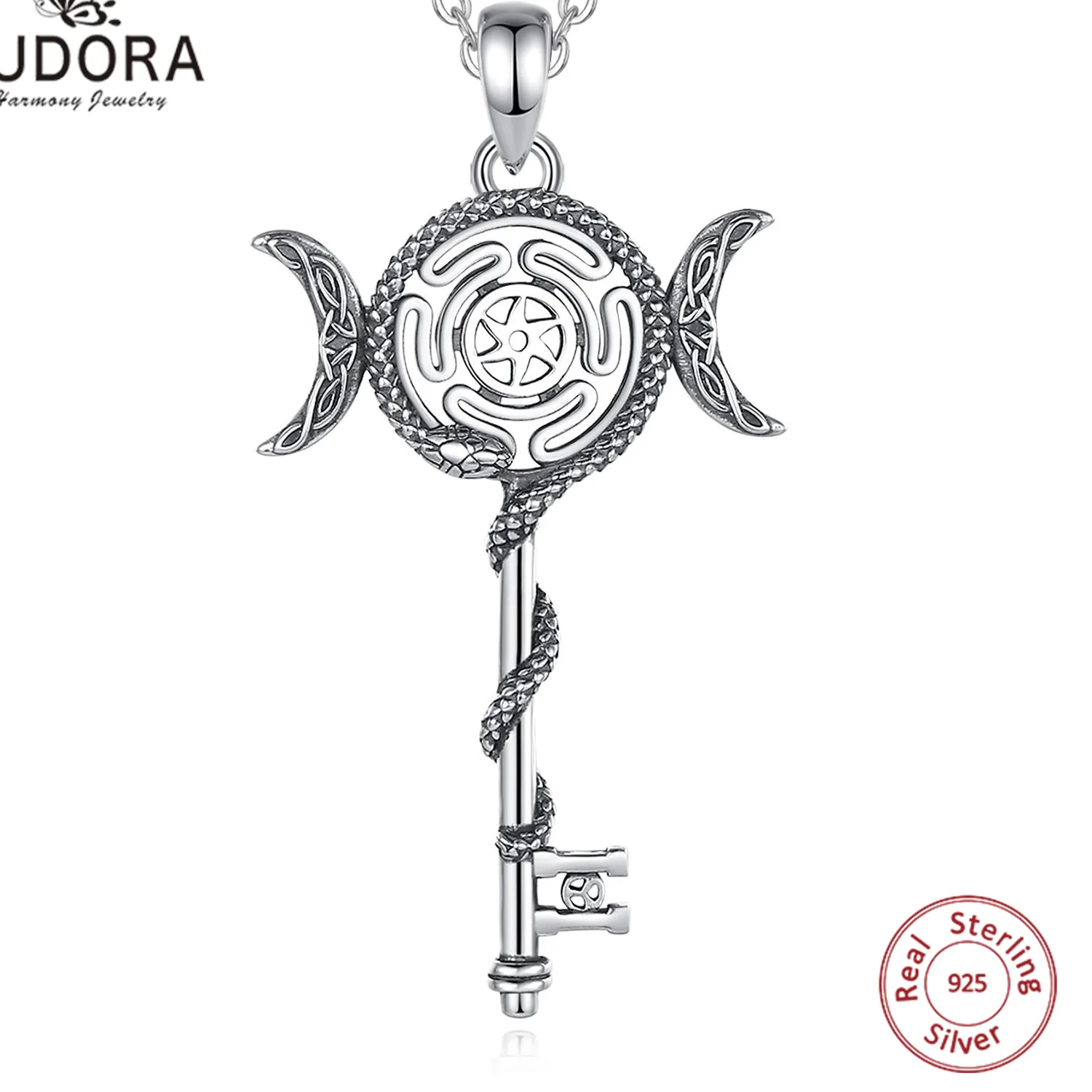 Authentic Eudora 925 Sterling Silver Hecate Triple Moon Goddess Necklace for Women Men Snake Key Amulet Pendant Pagan Wicca Jewelry