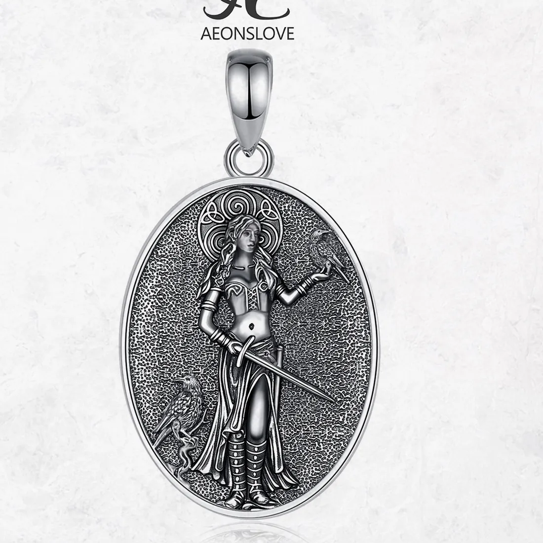 Authentic AEONSLOVE 925 Sterling Silver Morrigan Goddess Necklace Viking Raven Triple Spiral Pendant Pagan Wicca Jewelry for Women Men