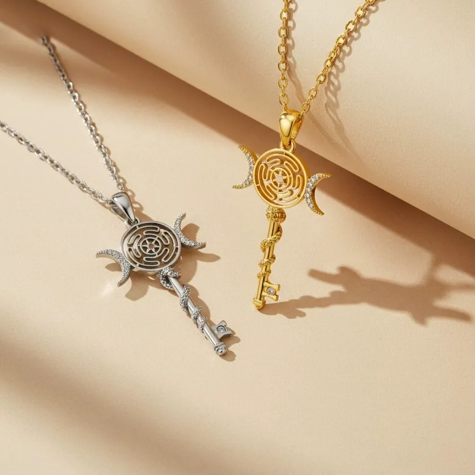 Authentic Original Witch Hekate Wheel Pendant Necklace Thai Silver Snake Key Triple Moon Goddess Chain Necklaces Wicca Magic Jewelry
