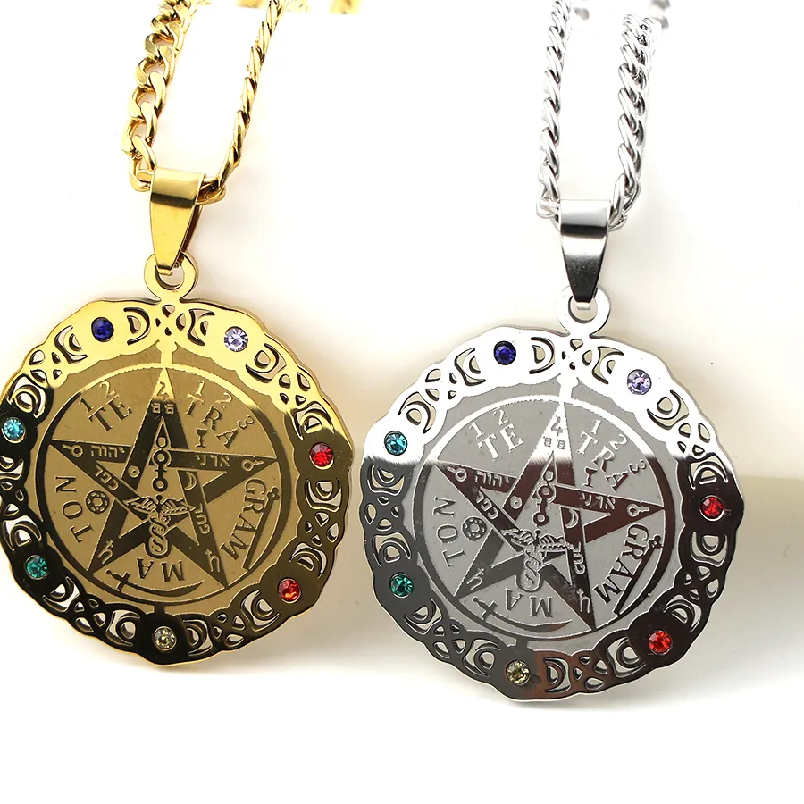 Authentic Tetragrammaton Pentagram 7 Chakra Jewish Necklace for Women Men Triple Goddess Rhinestones Amulet Chain Jewelry