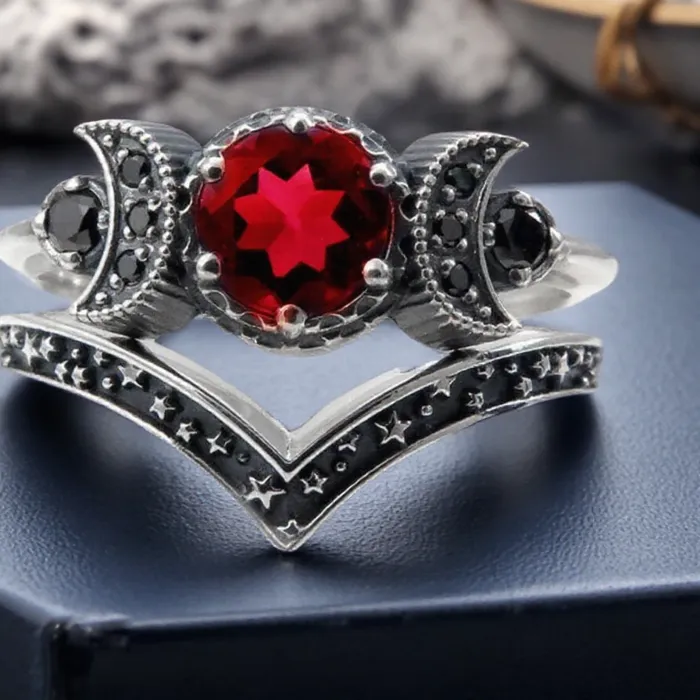 Authentic 2Pcs Triple Moon Goddess Rings for Women Jewelry Boho Hippie Gothic Style Anniversary Adjustable Size 5 to 11