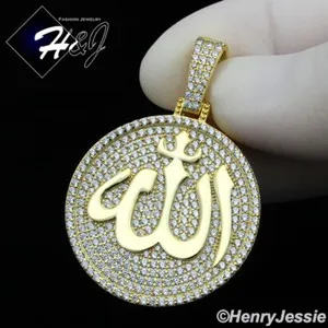 Authentic 925 STERLING SILVER ICY CZ GOLD PLATED/SILVER 3D MUSLIM ALLAH ROUND PENDANT*P306