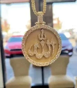 Authentic 3.10 Ct Round Cut Moissanite Allah Men's Charm Pendant 14K Yellow Gold Plated