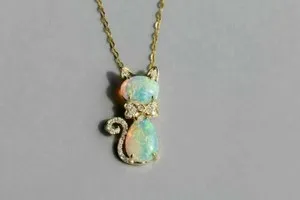 Authentic 3Ct Oval Simulated Fire Opal Fancy Cat Pendant Necklace 14k Yellow Gold Plated