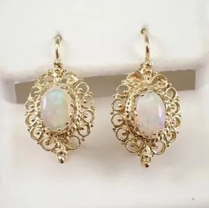 Authentic Flame‑Heart Oval Fire Opal Earrings – 14K Gold‑Veiled Vintage Dangles