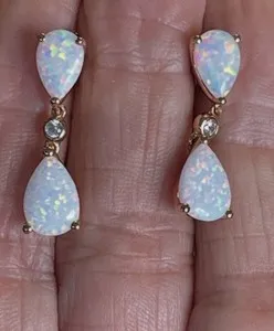 Authentic 925 Sterling Silver Rose Gold Plated White Fire Opal Pear Drop Dangle Earrings