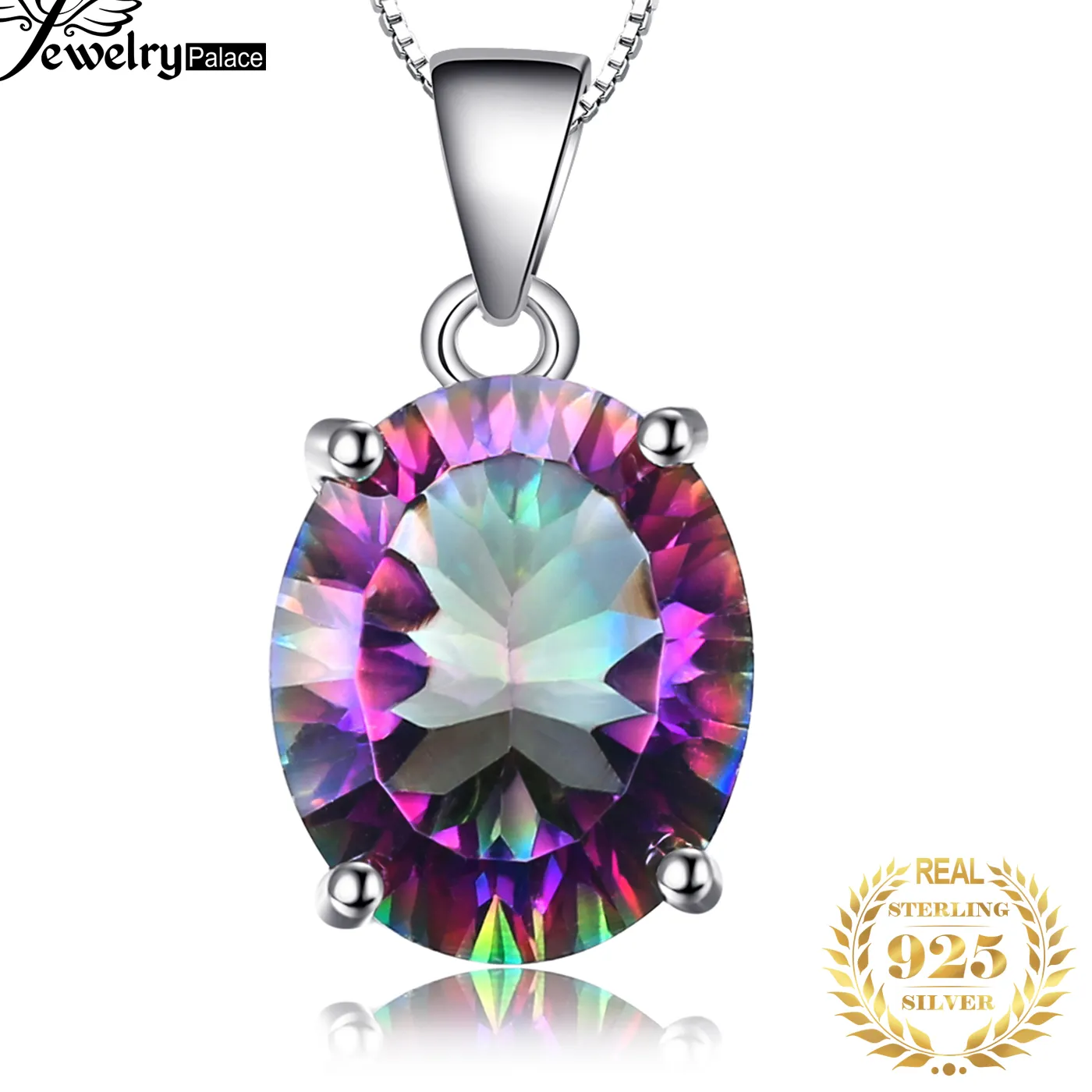 Authentic JewelryPalace Natual Multiple Cut Rainbow Fire Mystic Quartz Solid 925 Sterling Silver Pendant Necklace for Women No Chain