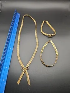 Authentic Vintg 925 Sterling Silver Gold Plated Bow Necklace 18” 2 Bracelets. 1- 7” Match