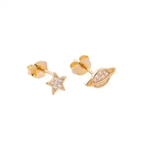 Authentic Yellow Gold Plated Sterling Silver Star Planet Mix & Match CZ Pave Stud Earrings