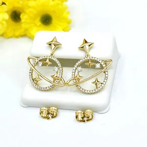 Authentic 14K Gold Plated CZ Galaxy Star Dangle Earrings - Planet Space Universe