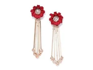 Authentic Jewels Galaxy Red Gold-Plated Stone-Studded Handcrafted Floral Drop Earrings