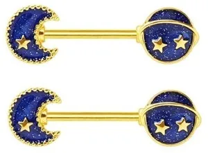 Authentic Nipple Ring Bar Gold Plated Blue Galaxy Stardust Sold as a pair