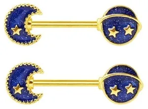Authentic Nipple Ring Bar Gold Plated Blue Galaxy Stardust Sold as a pair