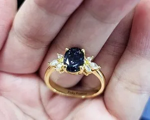 Authentic Oval Cut Blue Galaxy Sandstone Lab Created Personalized Ring 14K Rose Gold FN