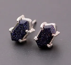 Authentic Natural Galaxy Sandstone Hexagon Stud Earrings Solid Silver Solitaire Jewelry
