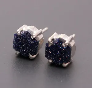 Authentic Galaxy Sandstone Hexagon Stud Earrings 925 Sterling Silver Minimalist Jewelry