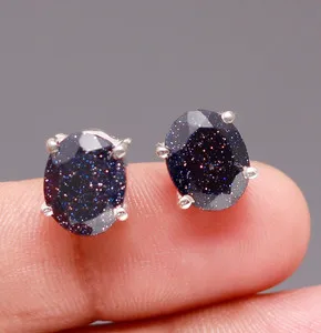 Authentic Natural Galaxy Sandstone Oval Stud Earrings 925 Sterling Silver Vintage Jewelry