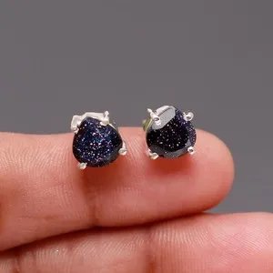 Authentic 100% Natural Galaxy Sandstone Heart Stud Earrings 925 Sterling Silver Jewelry