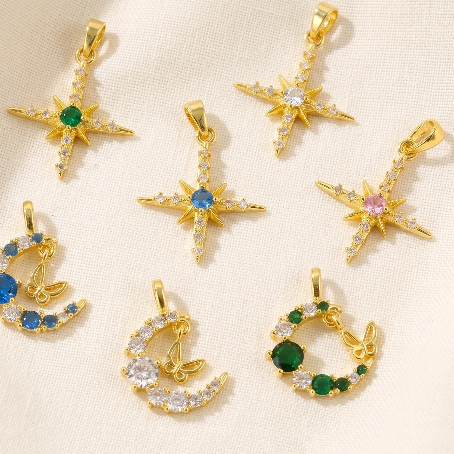 Authentic 2pcs Galaxy Half Moon Star Cubic Zirconia Pendants 18K Gold Plated Charms DIY Necklace Jewelry Making Findings
