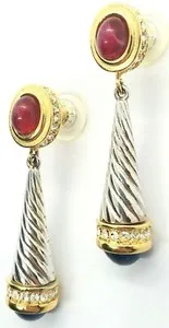 Authentic Givenchy Paris Blue & Red Cabochon Silver & Gold Plated Crystal Dangle Earrings