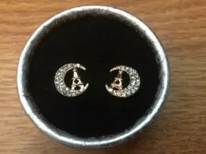Authentic Cute Yellow Gold Plated Paris Eiffel Tower & Crystal Moon Stud Earrings