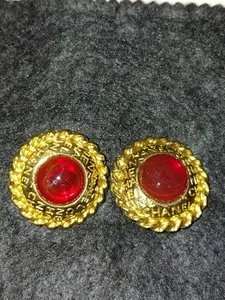 Authentic CHANEL Paris 1980’s Gold Plated Red GRIPOIX Glass Round Earrings