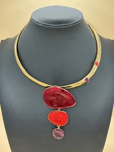 Authentic Signed Cécile & Jeanne Paris 24K Gold Plated Red Resin Torque Statement Necklace