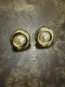 Authentic Givenchy Paris York Gold Plated Faux Pearl Round Pierced Earrings with Logo