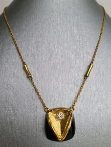 Authentic Vintage Orena Paris Gold Plated, Black Enamel Rhinestone Pendant Necklace