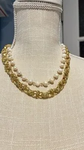 Authentic Karine Sultan Paris 24kt Gold Plated Faux Pearl Station Necklace Eiffel Tower