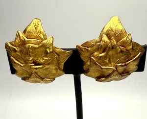 Authentic Annick Goutal Paris Gold Plated Leaf Motif Vintage Clip Earrings
