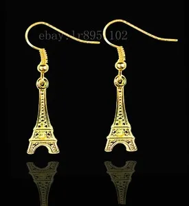 Authentic Awesome Yellow Gold Plated Paris Eiffel Tower Hook Dangle Drop Earrings
